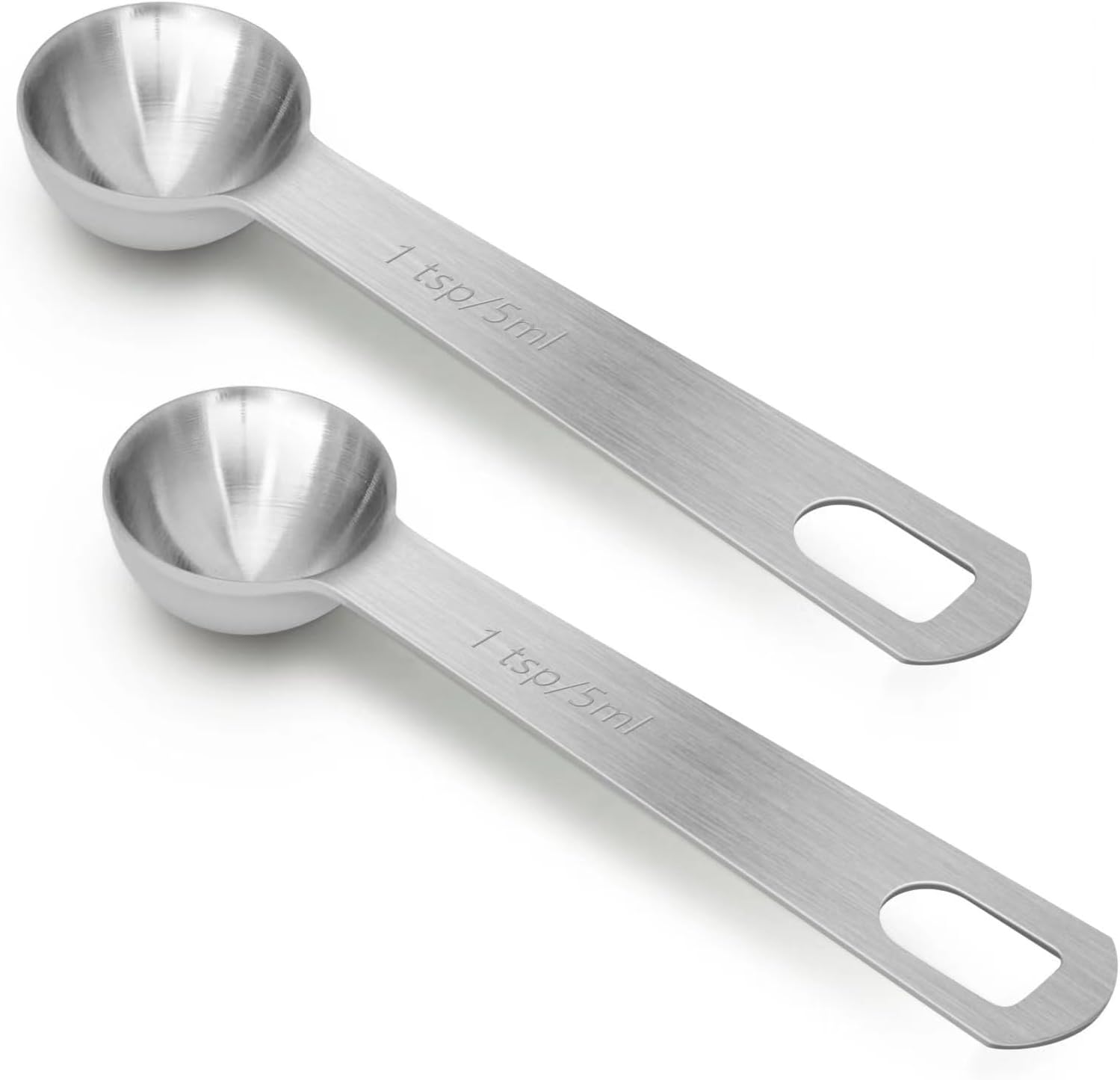 AUOIKK stainless steel measuring spoon showing etched markings and ergonomic handle