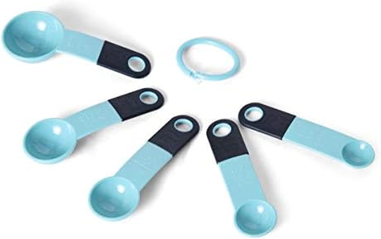 Installing KitchenAid Measuring Spoons Set Aqua Sky Plastic 5 Piece on a wooden kitchen counter