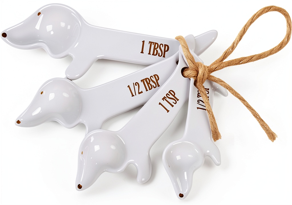 'Goodscious Dachshund Measuring Spoons in use on a kitchen counter'