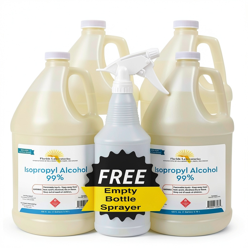 Bulk isopropyl alcohol bottle with sprayer in a lab setting